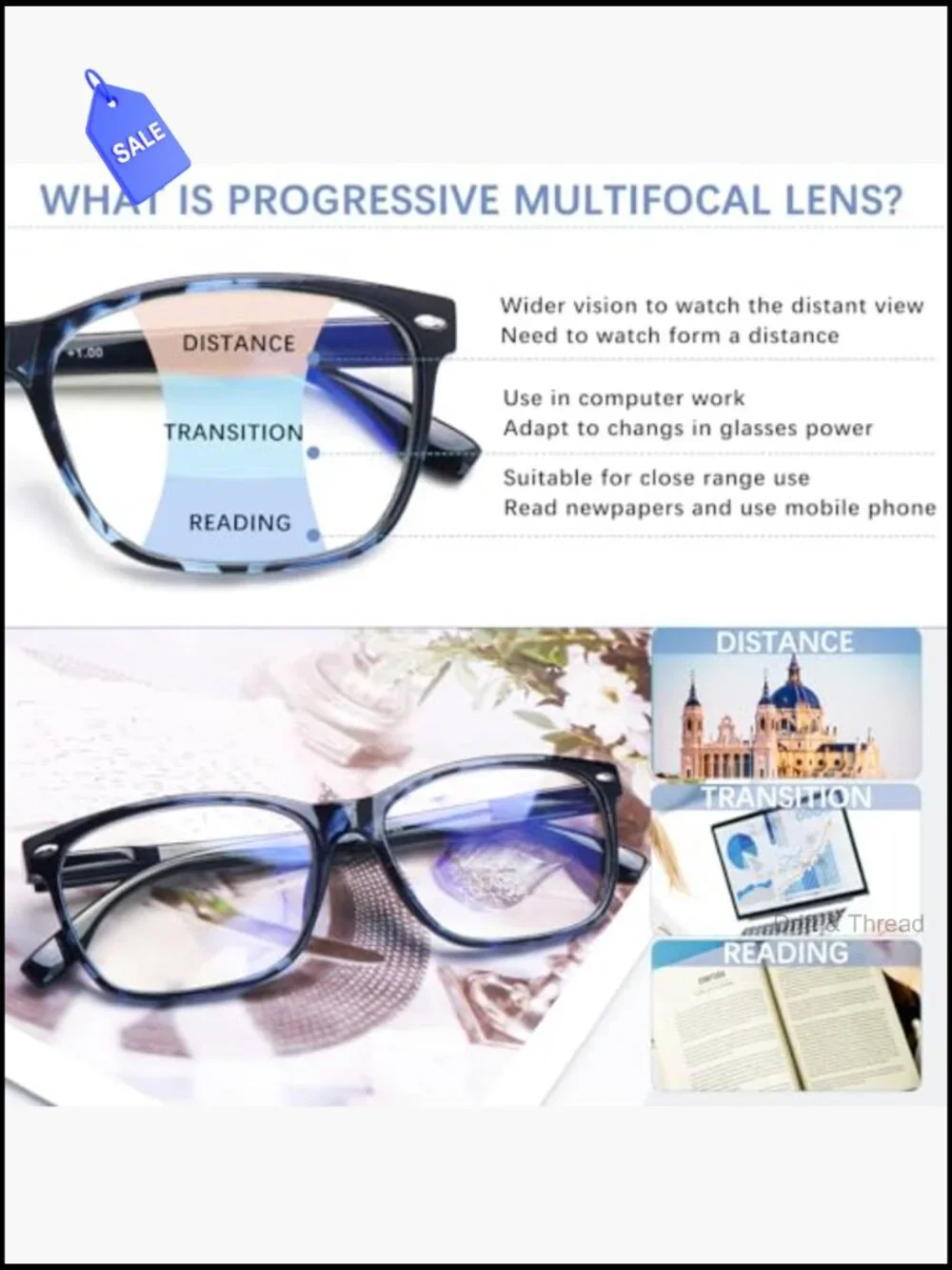 Multifocus Reading Glasses for Women, Blue Light Blocking Progressive Readers,